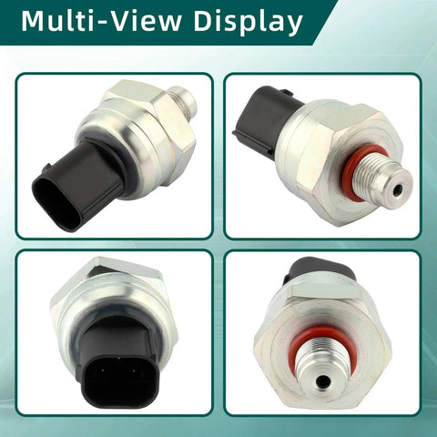 Brake fluid pressure sensor with metal hex body, threaded end and black electrical connector.