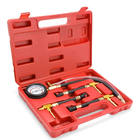 Fuel Pressure Test Kit 0 To 100 PSI With SAE Adapters For Universal Engines in red carrying case with gauge and hoses