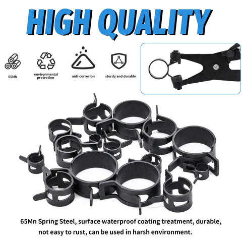130-piece set of black 6–25 mm spring steel hose clamps with swivel flat clamp plier for fuel lines, silicone and vacuum hoses.