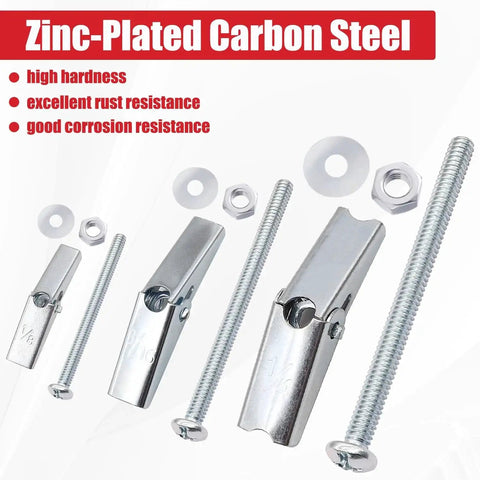 Heavy Duty Drywall Toggle Bolts Kit With 100 Pieces Hollow Wall Anchors And Screws In Three Sizes 1/8 Inch 3/16 Inch And 1/4 Inch Including Wing Nuts And Washers For Secure Mounting Of Shelves Cabinets And Fixtures.