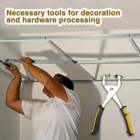 9.5 Inch Ceiling Grid Punch Tool For Suspended Ceilings displayed with worker installing metal grid