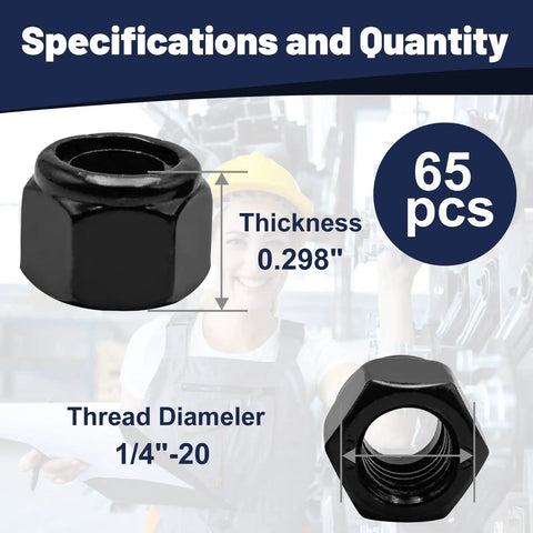 Quarter Inch Twenty Nylon Insert Lock Nuts 65 Pieces Black Oxide 304 Stainless Steel Nylock Nuts With Coarse Thread