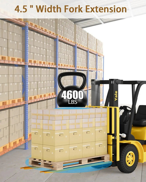 Forklift using Heavy Duty Pallet Fork Extensions 84 Inch Long Fits Standard Forks to lift pallets in warehouse