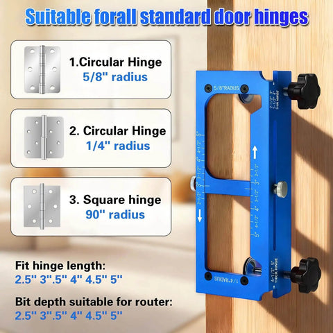 Aluminum Alloy Door Hinge Jig Adjustable Router Template Kit With File Fits Two Point Five Inch Hinges Radius And Square Corner Hinges Compatible With Quarter Inch And Five Eighth Inch Radius And Square Corner Blue showing installation on door