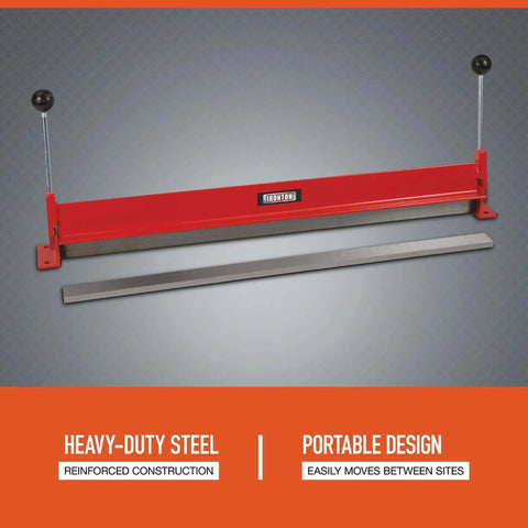 Beefy Portable Sheet Metal Bending Brake 30 Inch Wide Heavy Duty Reinforced Steel Frame Bends Up To 90 Degrees displayed on stand