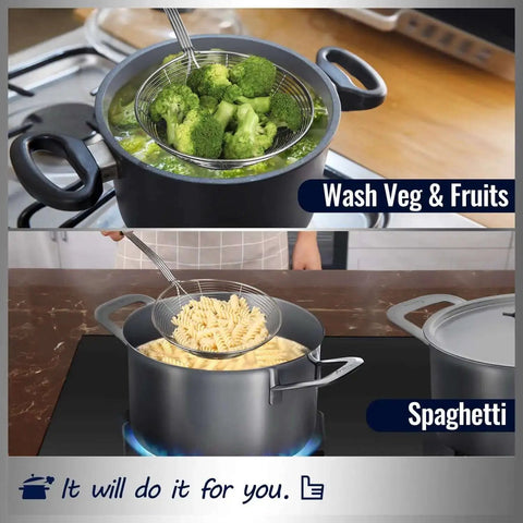 Solid Stainless Steel Spider Strainer Skimmer Ladle For Cooking And Frying, wire pasta spoon in pot with pasta and vegetables