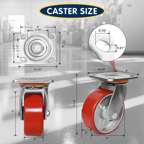 Diagram of Beefy Heavy Duty 5 X 2 Inch Swivel Casters Set Of 4 With Polyurethane Treads And Cast Iron Cores, 4000 lb capacity
