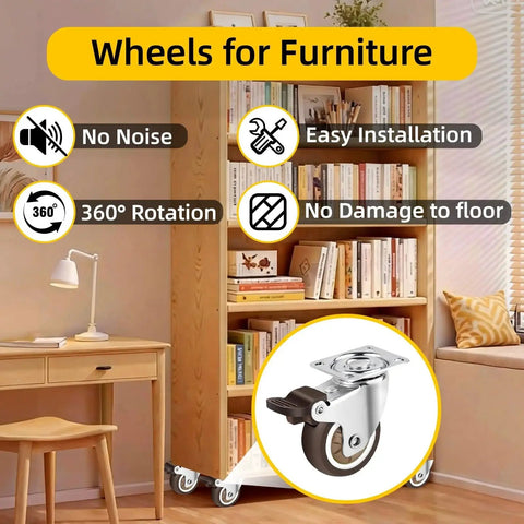 1 Inch Heavy Duty Caster Wheels Set Of 4 With Brakes 100 Lb Capacity Swivel Furniture Casters under wooden bookshelf in room