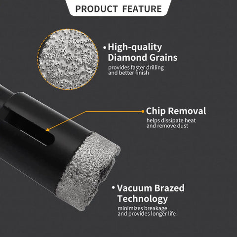 Close-up view of a Dry Diamond Core Drill Bit One And A Half Inch Tile Hole Saw For Angle Grinder Porcelain Ceramic Granite Marble Stone Brick With Five Eighths Eleven Thread And Three Eighths Inch Hex Shank Adapter, showing high-quality diamond grains and chip removal feature.