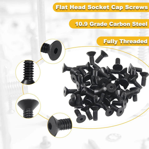 Heavy Duty Flat Head Socket Cap Screws Kit DIY Friendly Size Six Thirty-Two by Three-Eighths Ten Point Nine Carbon Steel