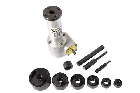 Punch Driver Knockout Set for Drill Driven Holemaking, includes punch, dies, components for up to 2 inch holes in steel.