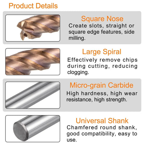 Close-up of a Five Piece Pro Grade Carbide Square End Mills Set For 6mm Diameter With 50mm Length Shank TiSiN Coated