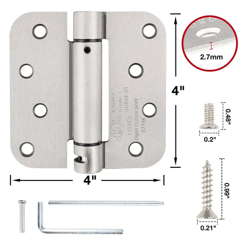 Beefy Self Closing Door Hinges Satin Nickel Finish 4x4 Inch Spring Loaded 5/8 Radius Exterior Use 8-Hole For Wood Doors Bathroom Basement Closet 2 Pack with screws and hex key