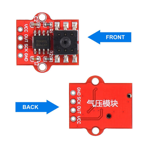 Red DWEII air pressure sensor module board with 4-pin VCC OUT SCK GND header, front view