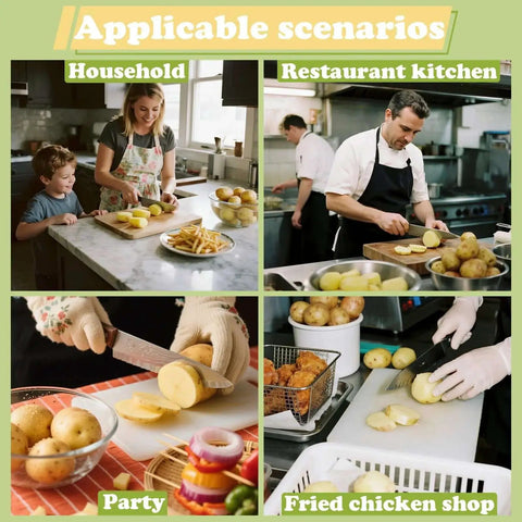 Large Potato Crinkle Cutter FATUXZ Stainless Steel Waffle Fry Slicer shown in various kitchen scenarios slicing vegetables and potatoes.