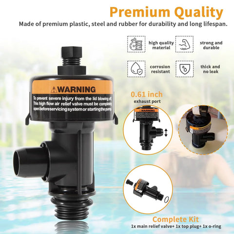 Black plastic high-flow air relief valve for pool and spa filter; kit with main relief valve, top plug, O-ring
