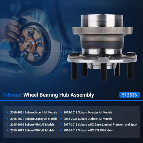 Rear Wheel Bearing Hub Assembly 512536 For Subaru Outback 2015-2021, Legacy 2015-2021, Forester 2019, WRX 2015-2019, WRX STI 2016-2019, Ascent 2019-2021, 5 Lug, ABS, Rear Axle Replacement side view.