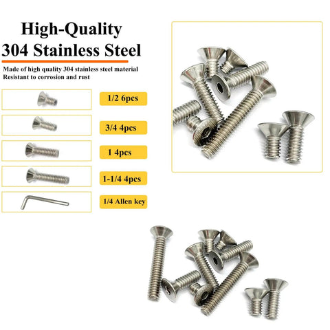18 Piece 1/4-20 Countersunk Head Socket Cap Screws Set With Allen Keys In 304 Stainless Steel Four Lengths corrosion resistant kit