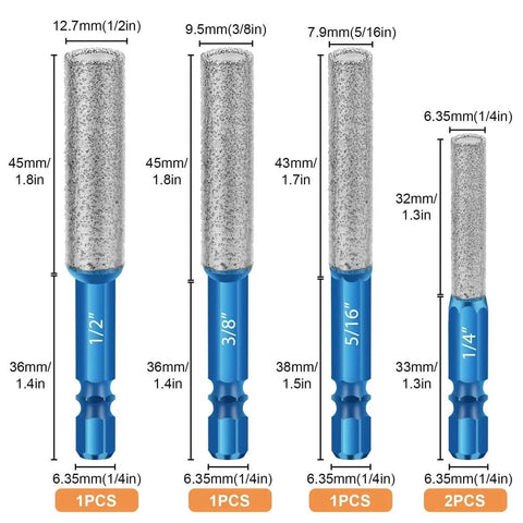 Dry Diamond Drill Bit Set For Glass And Tile, 5 Piece Extended Core Bits For Porcelain Ceramic And Marble, various sizes displayed