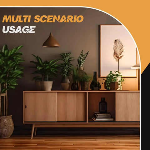 Wooden cabinet with decorative plants and artwork in modern living room setting