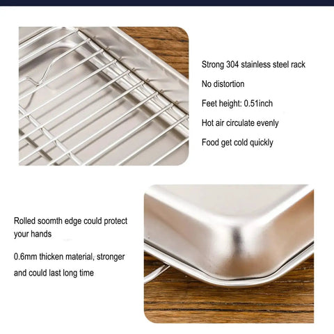 Close-up of Small Stainless Steel Serving Trays With Cooling Wire Racks Set 304 Grade, Mini Baking Pans details and features.