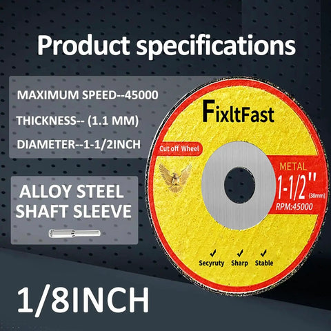One And A Half Inch Fiberglass Reinforced Cut Off Wheels For Metal Cutting One Eighth Inch Thick Rotary Tool Discs With Mandrels Diamond Coated Pro Grade 11 Pack, close-up of packaging with specifications.