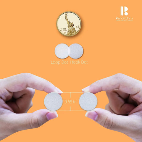 Hands holding two Hook And Loop Dots Set 500 Pairs 0.59 Inch Nylon Self Adhesive For Classrooms next to coin for scale.