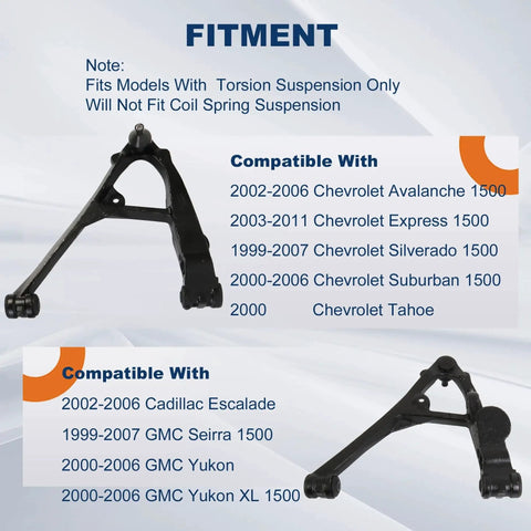 Two Piece Front Lower Control Arm Suspension Kit Fits Chevy Silverado Tahoe Avalanche GMC Yukon Sierra Cadillac Escalade for 1999 Through 2006 Trucks And SUVs Provides A Smooth Ride Precise Alignment And Easy Bolt On Install