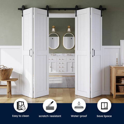 Bi-Fold Barn Door 64 By 84 Inches, MDF Sliding Closet Doors with Hardware Kit, installed in white interior setting