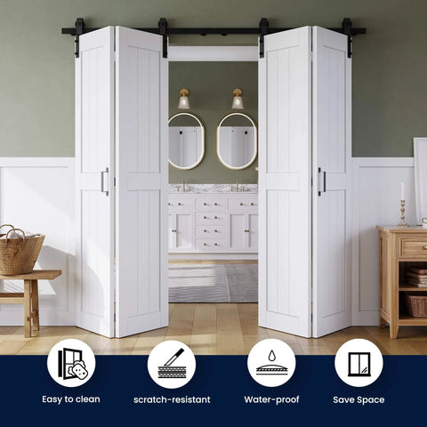 Space Saving Bifold Barn Door Kit 60 By 84 Inches White MDF Bi Fold Sliding Closet Doors With Hardware Included No Sweat Install