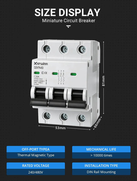 Three Pole Miniature Circuit Breaker 240V 480V AC 50A Thermal Magnetic Trip Smart Circuit Breaker AC Disconnect Switch DIN Rail Mount with Visualization Window Flame Retardant Shell for Overload and Short Circuit Protection