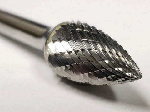 Half Inch SG 13 Carbide Burr Pointed Tree Double Cut For Metalworking And Deburring, close-up view of burr tip