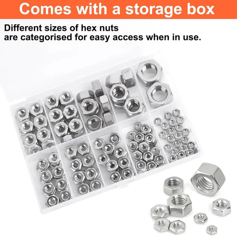 Hex Nuts Assortment Kit 150 Piece Set In 10 SAE Sizes Stainless Steel 304 with storage box, various hex nut sizes displayed.