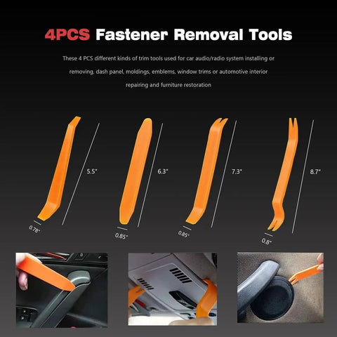 4PCS Fastener Removal Tools for car audio, radio install with trim, dash panel, and molding repair shown in various views.