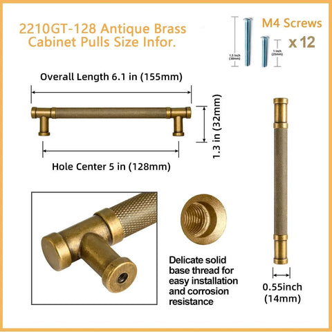 Diagram of Six Pack Knurled Cabinet Pulls Antique Brass Drawer Handles 5.04 Inch Center To Center Vintage Bronze Bar Pull Zinc Alloy Hardware