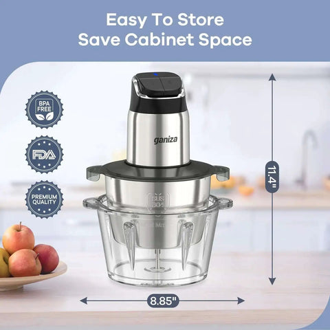 Food Processor Chopper And Meat Grinder With 2 Speed Settings And 8 Cup Stainless Steel And 8 Cup Glass Bowls on kitchen counter.