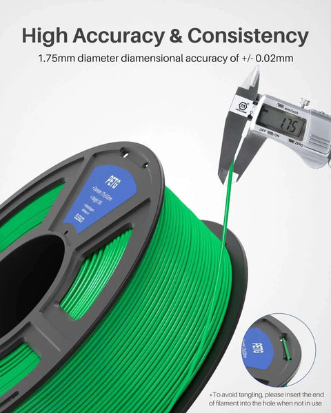 Green PETG filament spool with caliper showing 1.75mm accuracy, labeled as high accuracy and consistency, 0.02mm tolerance.