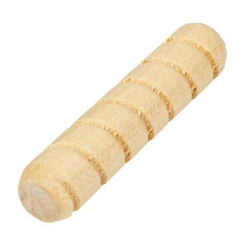 Spiral Grooved Hardwood Dowel Pins 7/16 Inch By 2 Inch Pack Of 50 Unfinished Natural Wood Dowels For Strong Furniture Joints DIY Woodworking Refurbishing And Craft Projects shown close-up