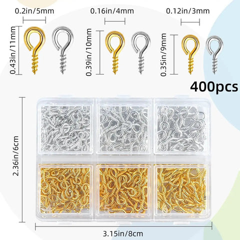 400Pcs Small Screw Eye Pins Set With Mini Eye Hooks, silver and gold clasps in storage box for jewelry making and crafts.