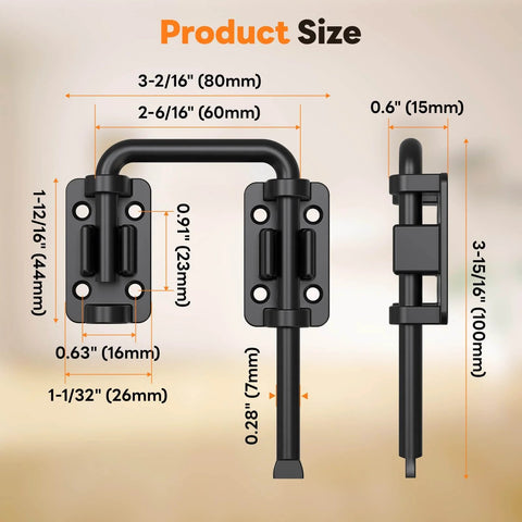 Beefy 2.36 Inch Stainless Steel U-Bolt Sliding Door Lock Set Black 4 Pack dimensions in inches and millimeters