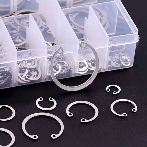 Internal Snap Ring Set 304 Stainless Steel, 200-Piece Assortment displaying various sizes of circlips in a transparent case