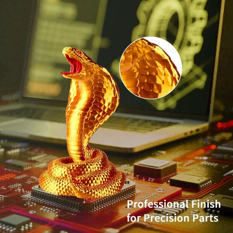 Liquid gold metallic snake printed with Silk PLA Filament For 3D Printing, 1.75mm With 0.03mm Tolerance, on circuit board.