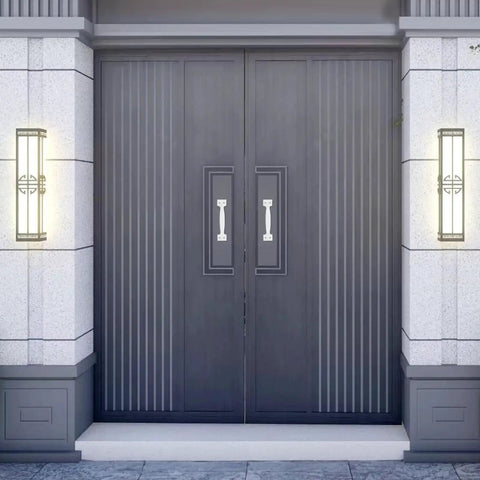 2 Pack White Barn Door Handle Pulls 5.5 Inch with screws installed on modern sliding doors, showcasing durable sturdy construction.