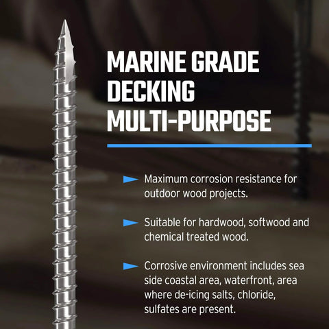 Heavy Duty Marine Grade 316 Stainless Steel Wood Screws Size 10 x 3-1/2 Inch With Torx Flat Head T25 Type 17 Point, corrosion resistant