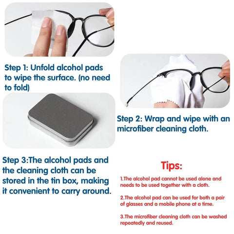 Streak Free Eyeglass Lens Wipes With 6 Microfiber Cloths, Individually Wrapped, showing cleaning process steps and storage tips.