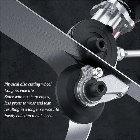Drill nibbler attachment in use for sheet metal cutting, showing clean burr-free cuts up to 0.8mm with steel and aluminum alloy build.
