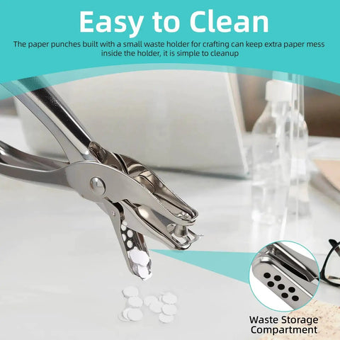 Super Handy Single Hole Punch For Crafts And Scrapbooks, Quarter Inch Hole, Punches Up To 8 Sheets, Includes 10 Binder Rings, Compact Pocket Size Paper Punch For School, Office, And DIY Projects, Silver featuring built-in waste holder.
