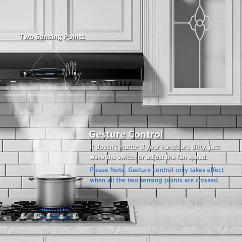 36 Inch Range Hood With 900 CFM Dual Motors Black Under Cabinet Kitchen Vent Hood Featuring Four Speed Gesture Sensing and Touch Control Panel