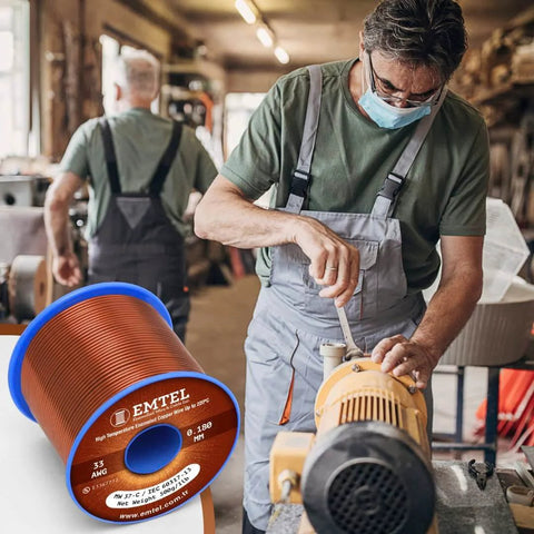 24 AWG enameled pure copper magnet wire on blue 1 lb spool, EMTEL brand, workshop setting