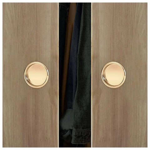 Easy Snap In Closet Door Finger Pull fits a two and one eighth inch hole, 4-Pack durable steel construction, polished brass finish installed on door